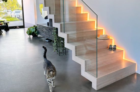 Moderne Faltwektreppe mit LED-Beleuchtung an der Wand, mit eingelassenem Glasgeländer, installiert in einem Haus mit Betonboden, mit einer Katze im Vorderplan.